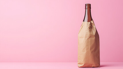Brown paper-covered wine bottle on a pink background.