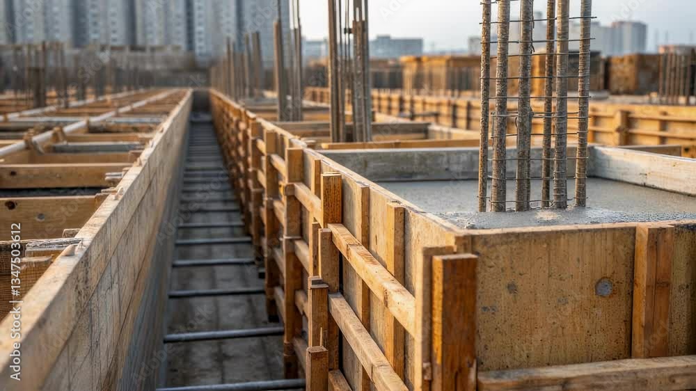 Poster wooden formwork and reinforcing steel bars are being prepared for concrete pouring at a construction