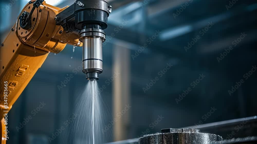 Poster precision robotic arm spraying water to cool metallic component, highlighting cutting edge industria