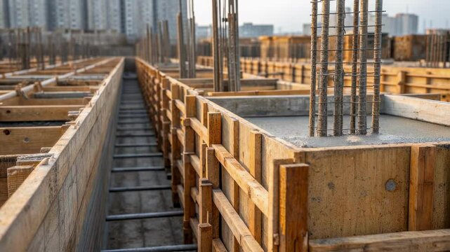 Wooden formwork and reinforcing steel bars are being prepared for concrete pouring at a construction site, showing the initial stages of building a foundation