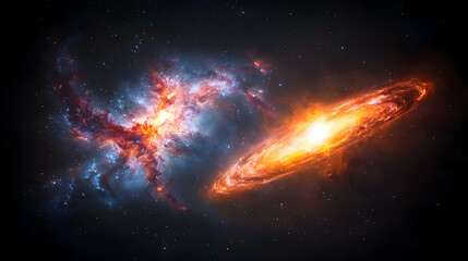 Two Galaxies in Deep Space with Bright Orange and Blue Hues against a Dark Night Sky