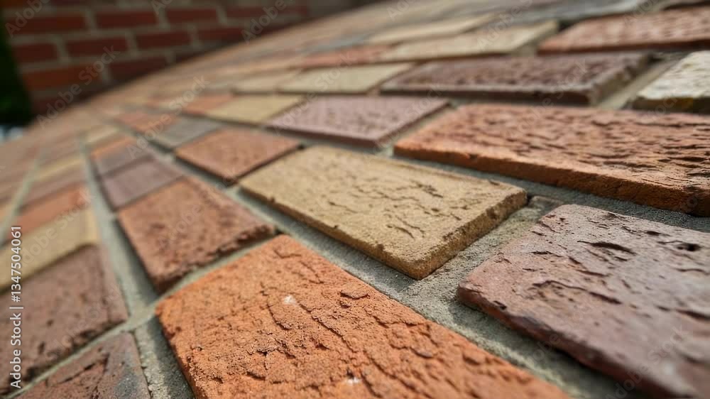 Aufkleber Close up view of a brick wall featuring a mix of brown and orange bricks, creating a visually appealing pattern with its diverse color palette