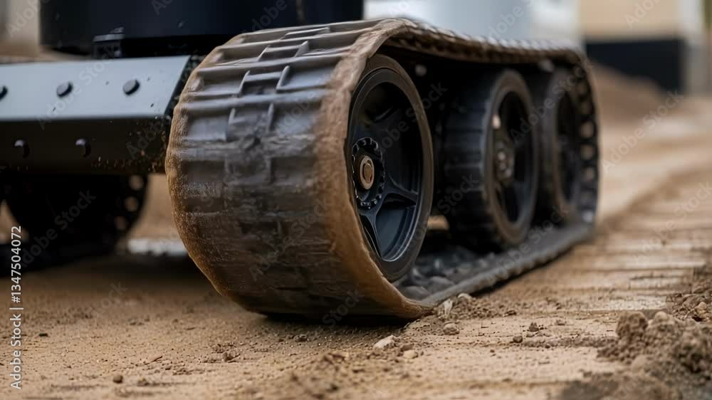 Aufkleber Close up view of continuous tracks rotating, propelling a small remote controlled vehicle across a dirt road, highlighting the movement and functionality of the treads
