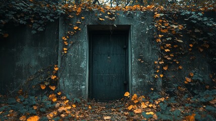 A nuclear bunker entrance, hidden in a forest, surrounded by overgrown plants 
