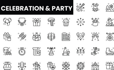 A collection of festive celebration and party icons in a minimalist style.