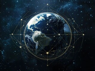 Naklejka premium Night planet Earth from space with light lines of communication and connection. Business and finance, concept. Global communication system and World Wide Web.