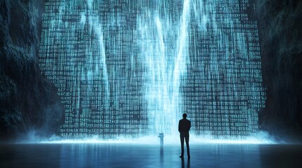 a person standing in front of a digital waterfall cascading from a massive wall of data, representing the immense possibilities of technology.