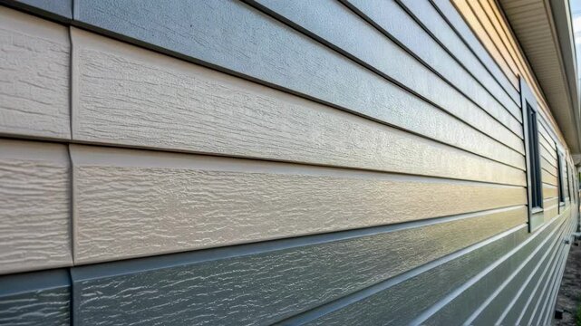 Modern house exterior showcasing beige and gray vinyl siding panels, providing a durable, weather resistant, and aesthetically pleasing finish