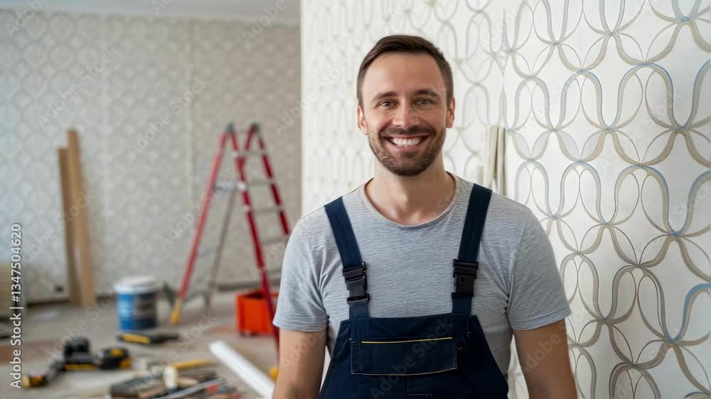 Poster professional construction worker standing confidently in partially renovated room, radiating pride a