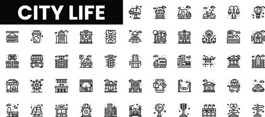 A collection of minimalist black and white city life icons representing urban activities.