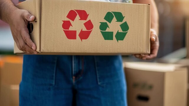 Garbage collector holding a cardboard box containing plastic bottles and cups, with a recycling logo printed on the box, promoting environmental awareness and responsible waste management
