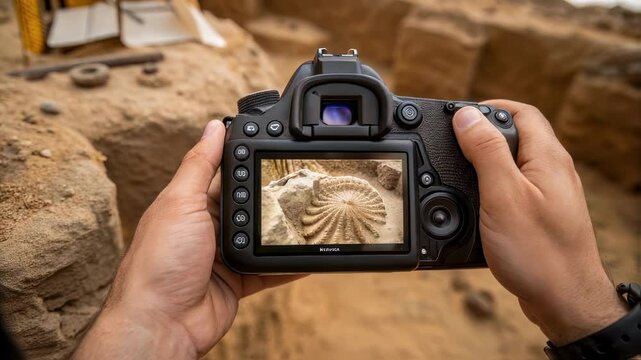 Archaeologist photographs a perfectly preserved ammonite fossil during an archaeological dig, carefully framing the shot on the camera's lcd screen