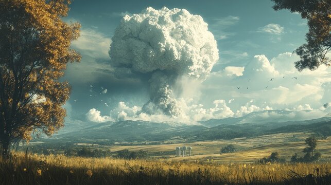 A nuclear explosion in the distance, with a dramatic mushroom cloud towering into the sky
