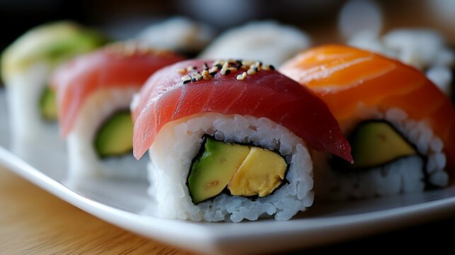 assorted sushi on black stone plate with pickled garnish