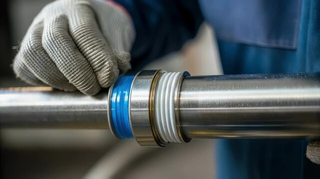 Gloved factory worker carefully installs a seal onto a hydraulic cylinder, ensuring a tight fit to prevent leaks and maintain optimal performance