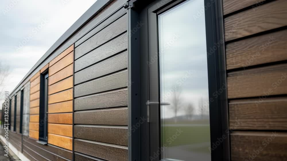 Aufkleber Prefabricated building exterior displaying diverse cladding materials, window configurations, and design flexibility in modern modular construction