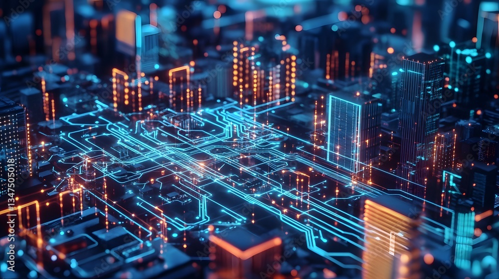 Poster a digital city with illuminated lines representing data flow and communication networks, a futuristi