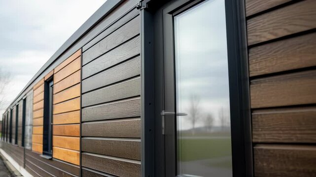Prefabricated building exterior displaying diverse cladding materials, window configurations, and design flexibility in modern modular construction