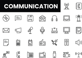 Illustration of various communication tools and symbols in a minimalistic style.