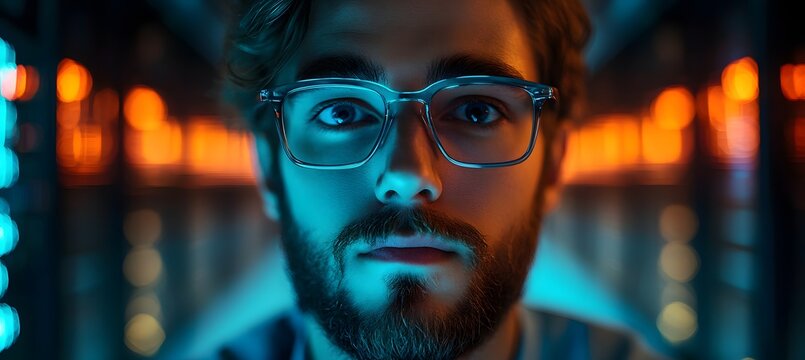 An IT support specialist working in a data center, with space for a logo