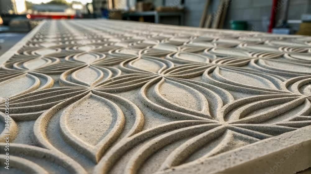 Poster industrial robotic arm is carving an elegant floral pattern on large concrete slabs in a modern fact