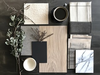 Interior design mood board.  Various samples of materials, colors, and textures are arranged on a dark wooden surface. A cup of coffee and natural elements are included