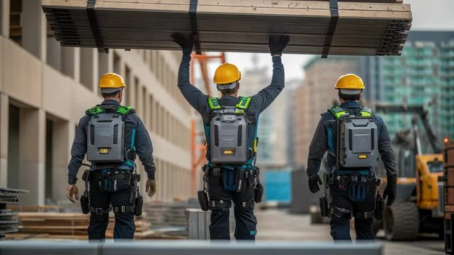 Construction workers wearing powered exoskeletons are walking and lifting heavy wood planks on a construction site, showcasing enhanced strength and reduced strain