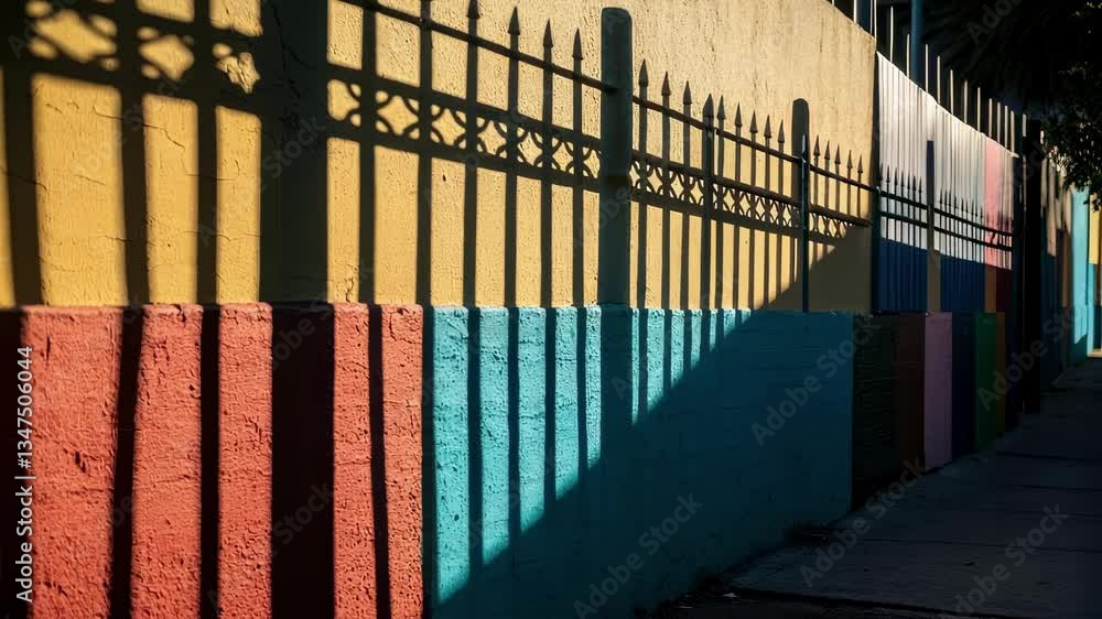 Poster sunlight casts the long shadows of a metal fence onto a brightly painted wall, creating an interesti