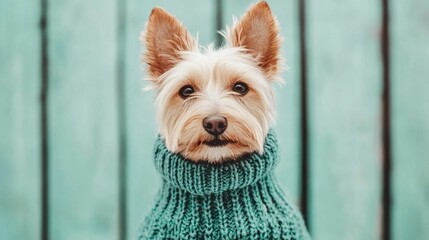 National Pet Day, Adorable Yorkshire Terrier Puppy Wearing a Teal Knit Sweater Against a Teal Background