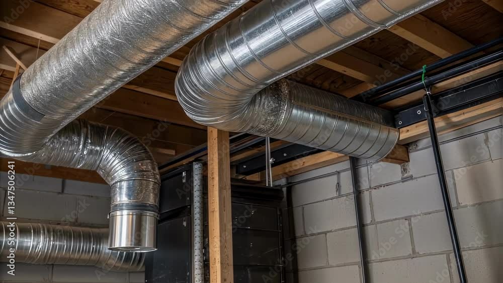 Poster shiny metal ventilation pipes are being installed in a building with exposed wooden beams and a cind