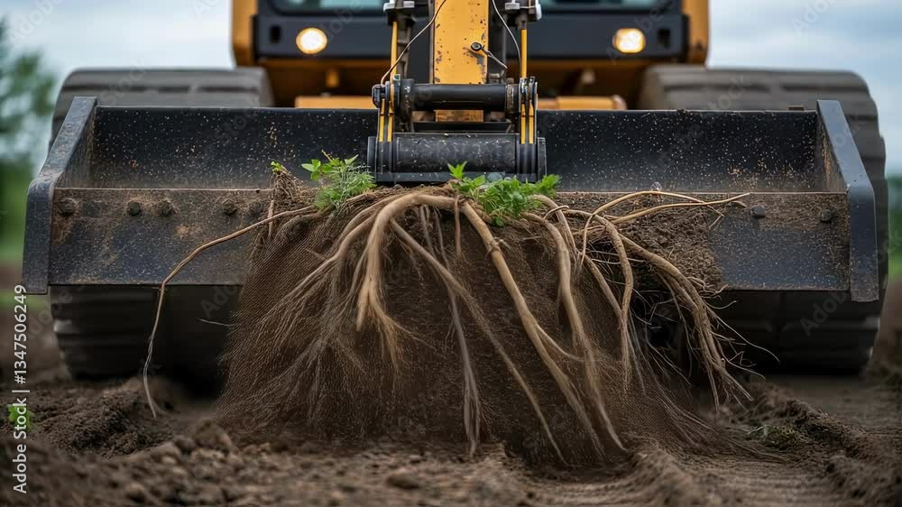 Poster robust skid steer loader cutting through dense roots and compacted soil, systematically clearing gro