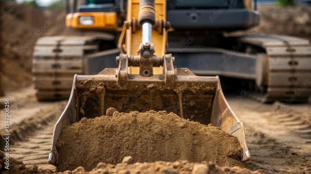 Poster powerful yellow excavator scooping and moving soil, creating dirt pile during sunny construction pro