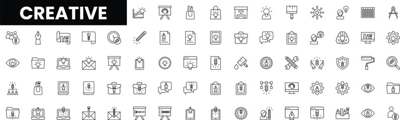 Variety of creative icons in black and white for design projects.