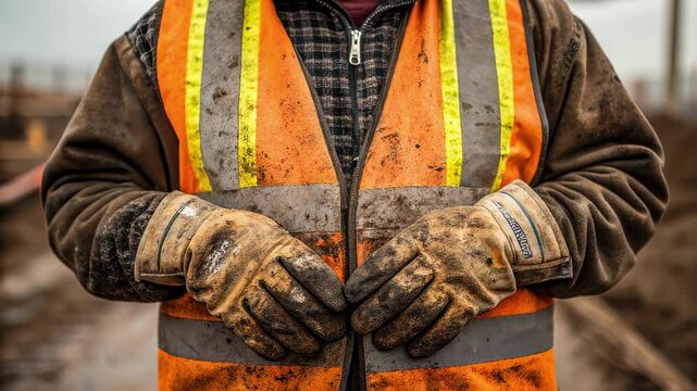 Close up of a construction worker wearing a dirty, high visibility safety vest and soiled work gloves, indicating a day of hard labor on a construction site
