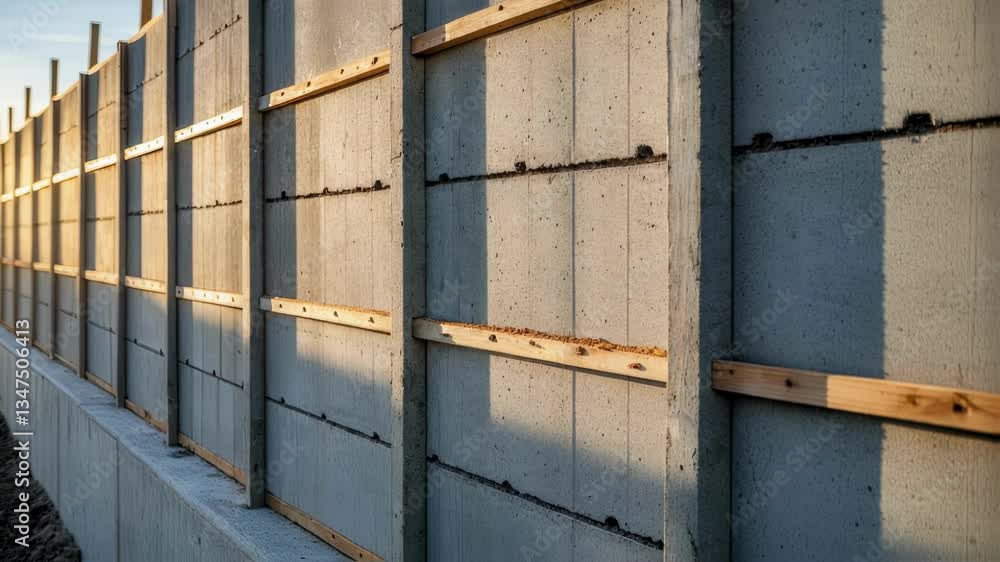 Poster warm sunset casting golden rays illuminating newly constructed highway noise barrier, blending concr