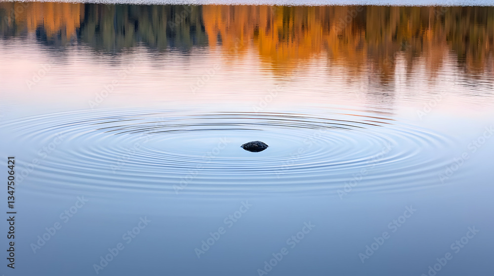 Poster concentric ripples expanding from a dark object in calm water with reflective forest and sky
