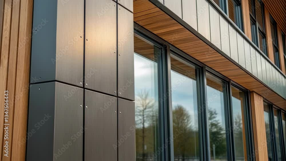 Poster warm sunlight reflects on the dark metal and light wooden cladding of a contemporary office building