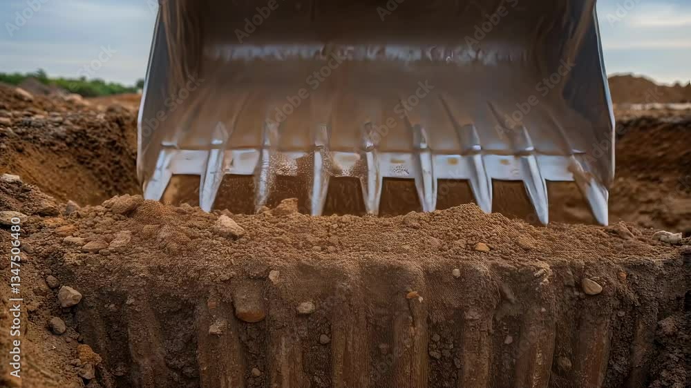 Poster powerful excavator digging deep trench, systematically pouring excavated soil while preparing founda