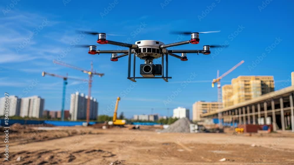 Poster modern technology meets urban development as an octocopter equipped with a camera hovers above a bus