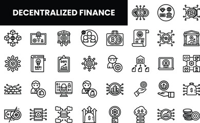 Icons representing decentralized finance concepts in a clean, monochromatic style.