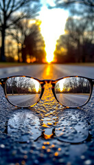 A pair of sunglasses sitting on the side of a road