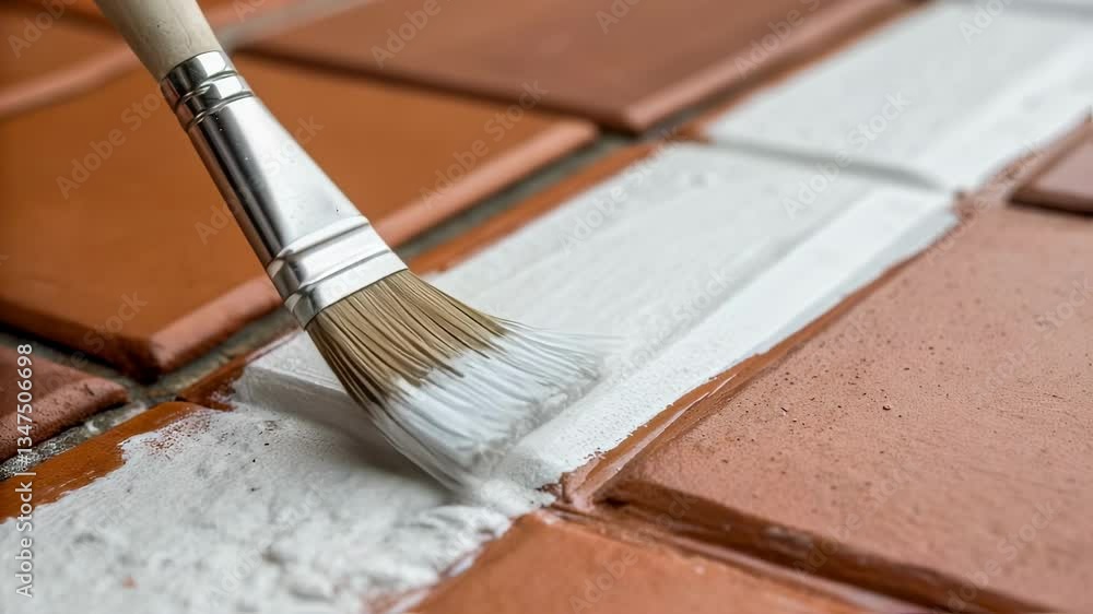 Poster construction worker carefully painting grout lines between brown ceramic tiles with white paint, foc