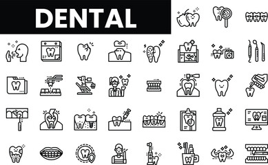 Collection of dental icons showcasing various dental care tools and procedures.