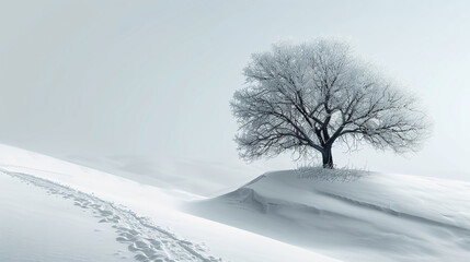 Lone Tree Stands in Snowy Winter Landscape with Footprints
