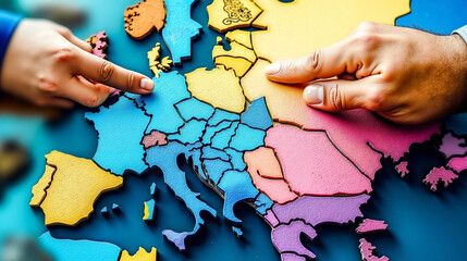 A person placing a piece of a puzzle on top of a map of Europe