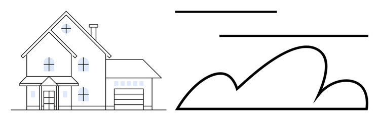 Outline of a two-story house with front-facing garage, windows, minimal chimney, and stylized cloud lines in the sky. Ideal for architecture, family home, suburban living, real estate, dreams