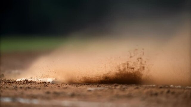 Close up, slow motion sequence captures a baseball player sliding headfirst into first base, kicking up a dramatic cloud of dust that momentarily obscures the base and lower legs