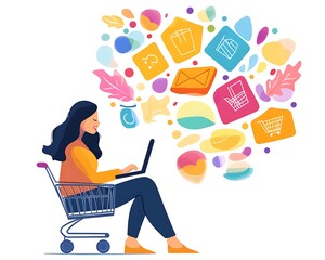 Woman shopping online, colorful icons