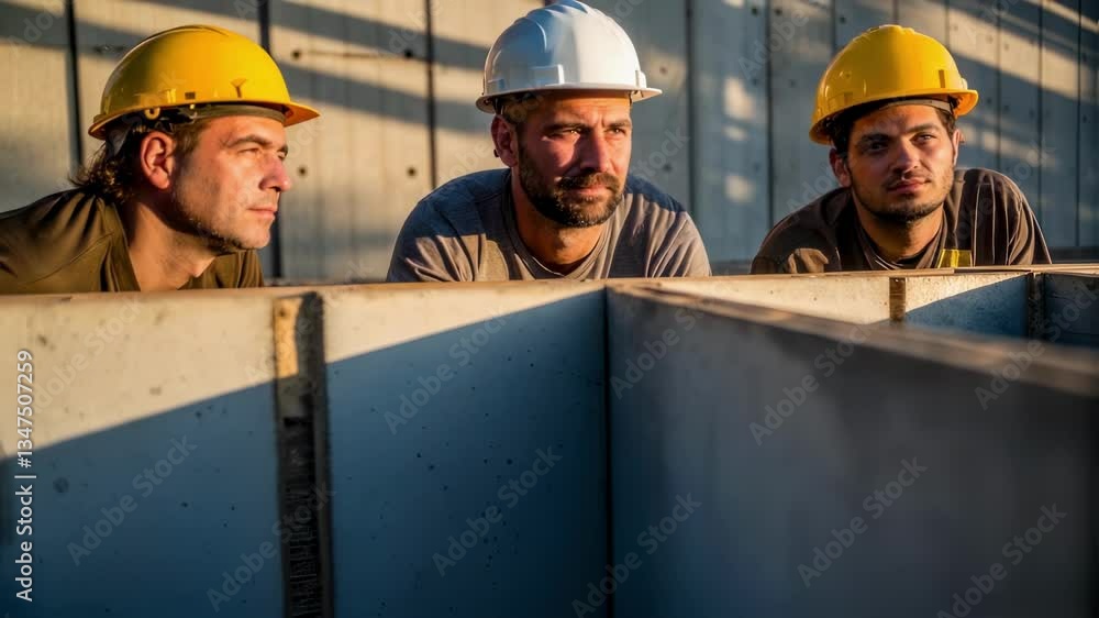 Poster construction workers wearing protective hard hats carefully inspecting concrete structure, evaluatin