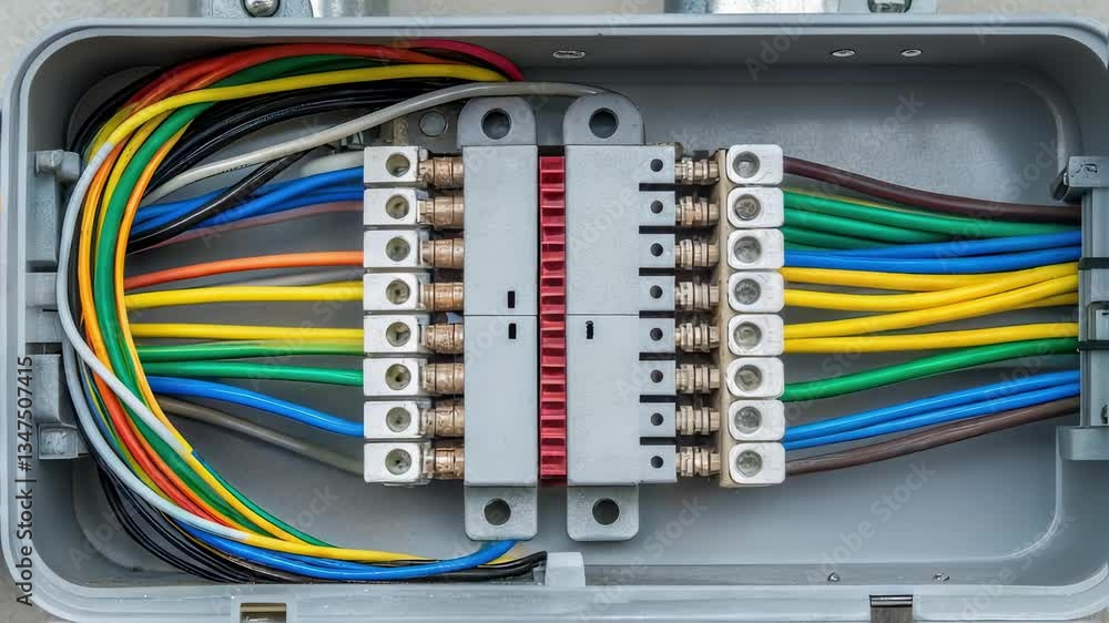 Aufkleber colorful electrical wires neatly arranged inside gray junction box, showcasing professional cable ma